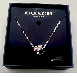 COACH Signature Sculpted C Pendant Silver Necklace with Cluster Pearls 16” + 2”